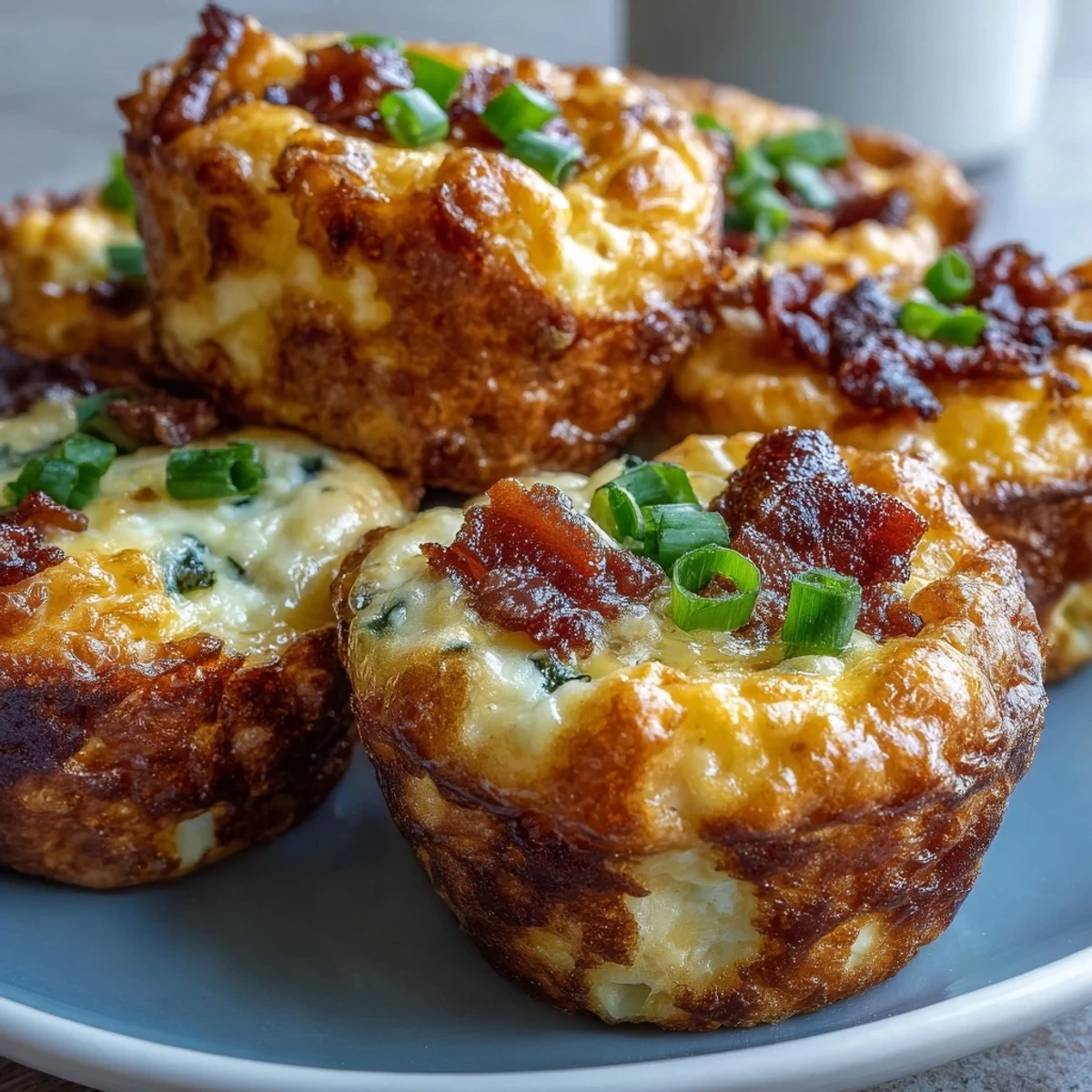 Freshly baked Ranch Bacon Breakfast Egg Bites are arranged on a white plate, garnished with green onions and perfect for a savory brunch.