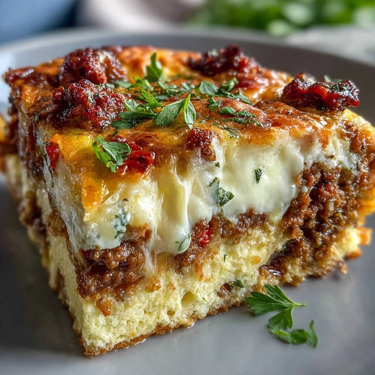 Golden-brown Keto Sausage and Egg Breakfast Bake with Peppers, fresh from the oven and ready to slice.