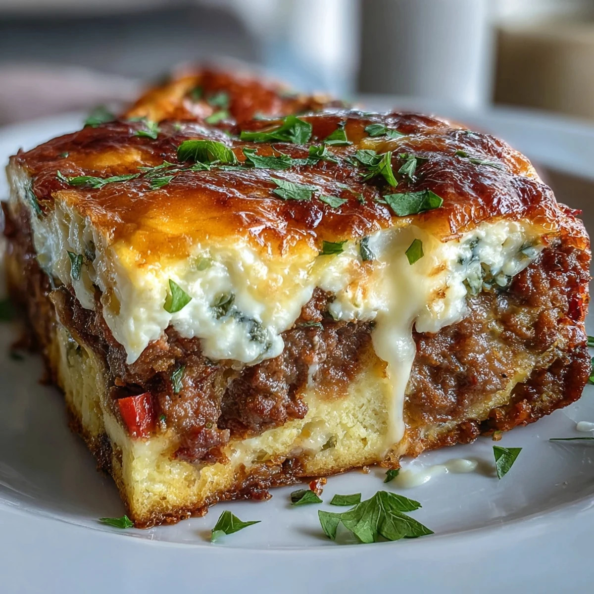 Keto Sausage and Egg Breakfast Bake with Peppers served on a white plate, garnished with fresh parsley.