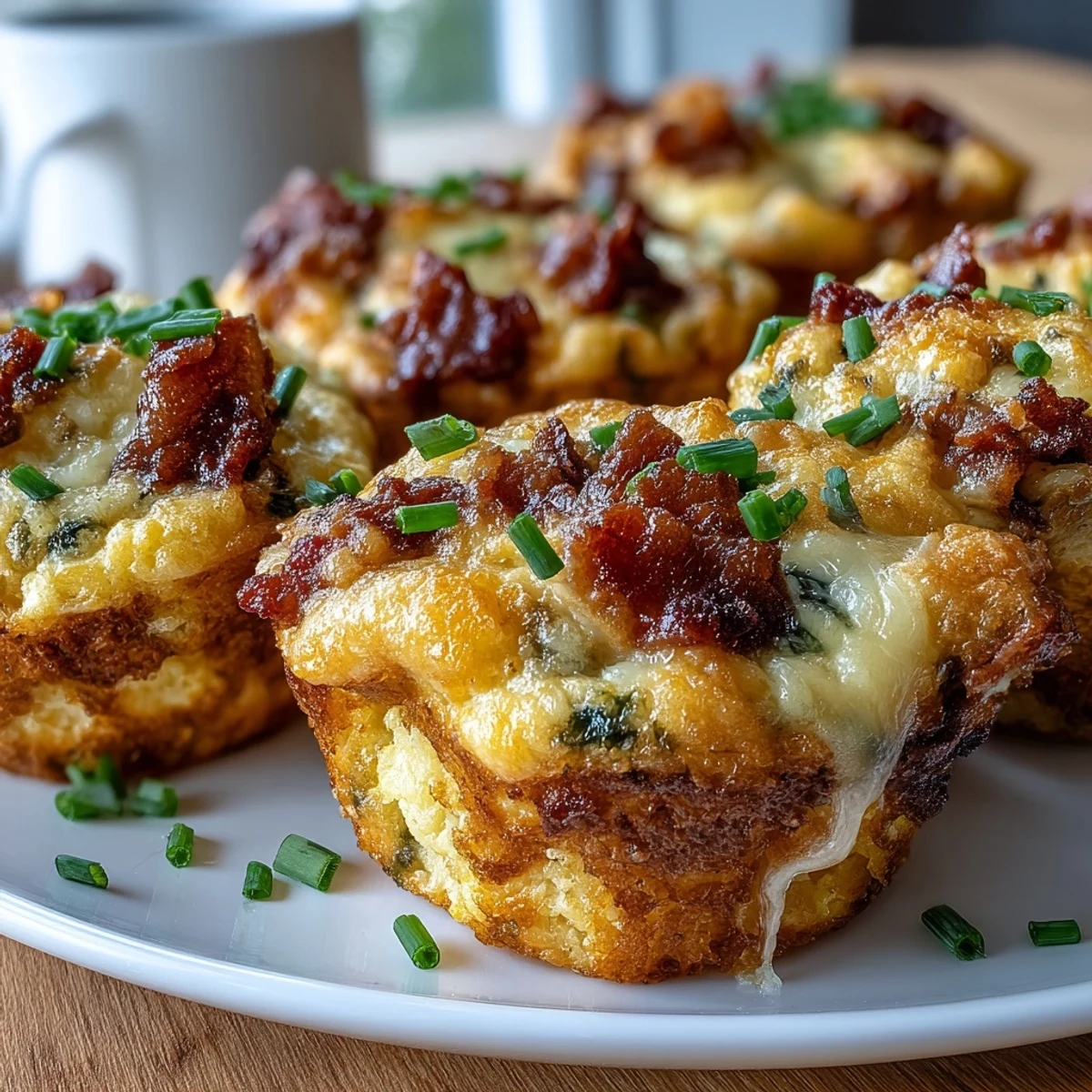 Golden-brown Ranch Bacon Breakfast Egg Bites fresh from the oven, featuring fluffy eggs, melted cheddar, and crispy bacon bits.