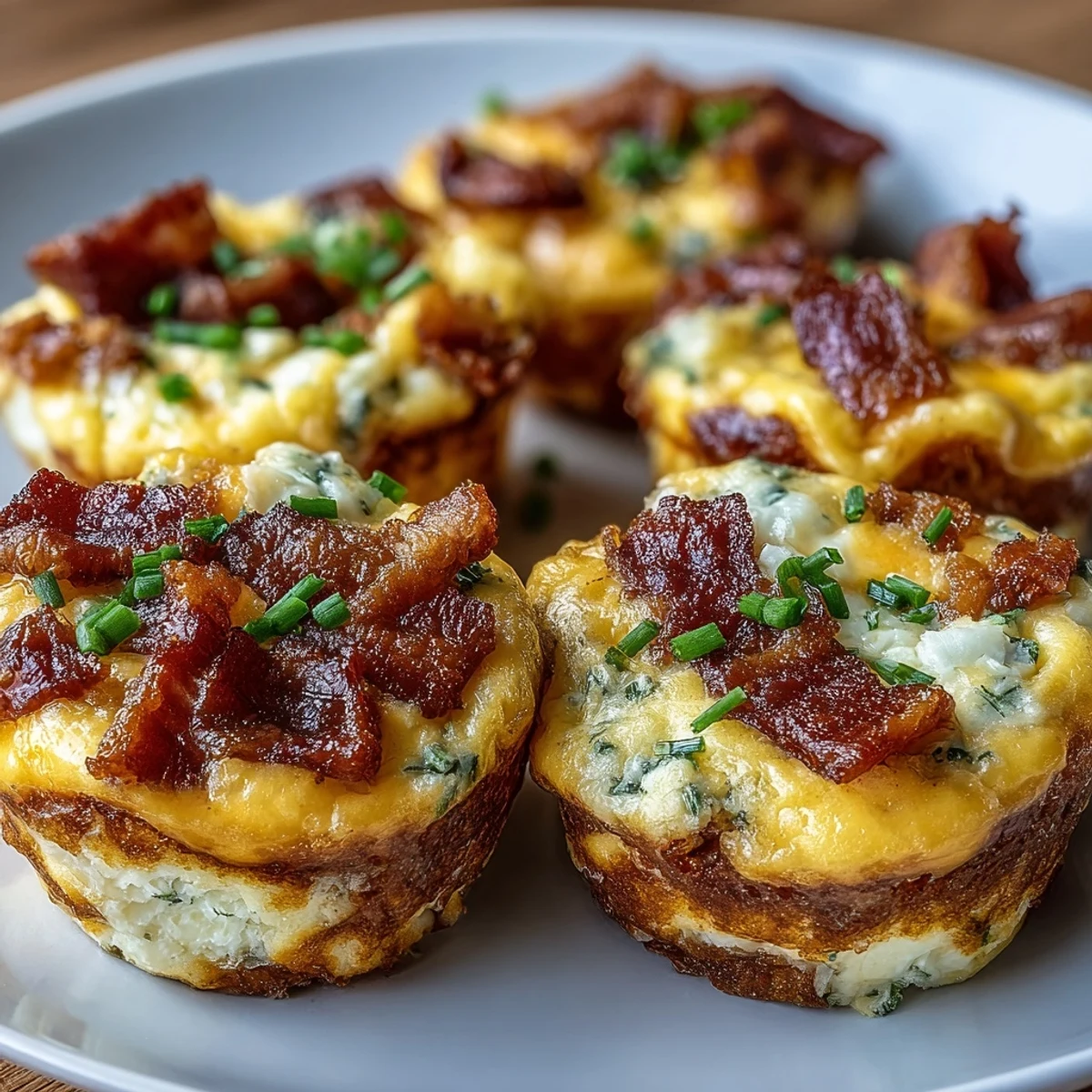 Savory Ranch Bacon Breakfast Egg Bites on a white plate next to fresh chives and a cup of coffee for breakfast.