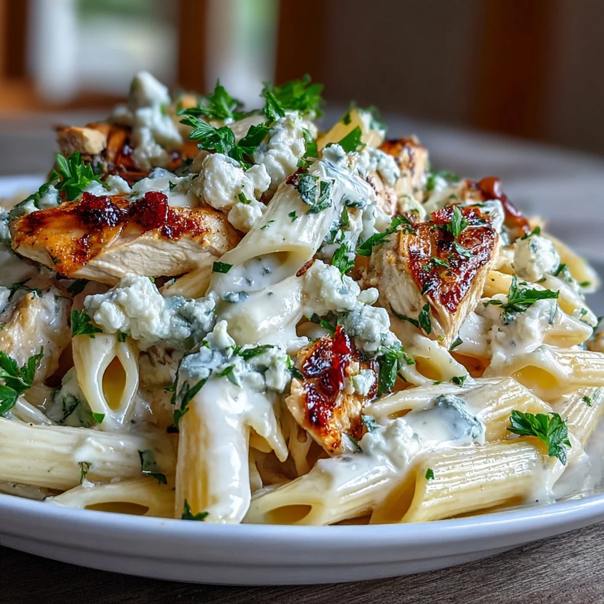 Creamy Lemon Feta Chicken Pasta in a skillet, topped with crumbled feta and fresh parsley.  