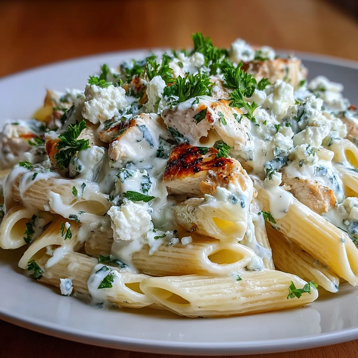 Creamy Lemon Feta Chicken Pasta served in a bowl with a sprinkle of lemon zest and extra feta for a vibrant finish.