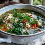 A steaming bowl of hearty chicken and rice soup with tender chicken, fresh vegetables, and fragrant herbs in a savory broth.