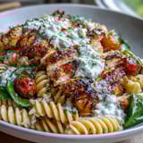 Creamy cottage cheese pasta bowl topped with tender grilled chicken and fresh spinach leaves.  