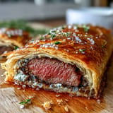 Elegant mini Beef Wellingtons wrapped in flaky golden pastry, each topped with rich mushroom duxelles and juicy beef medallion.