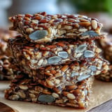 A tray of golden, gluten-free seed crackers sprinkled with chia and oats, perfect for dipping or cheese platters.