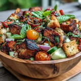 Bright Summer Panzanella salad with char-kissed bread, crisp cucumber, and tangy vinaigrette.