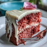 Glistening pink Rosé Velvet Cake glistening with a rich cream cheese frosting and gold drizzle.