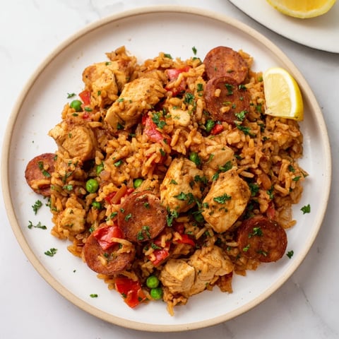 Chicken and Chorizo Rice Skillet, a one-pan wonder with tender chicken and smoky flavors, ready in minutes.