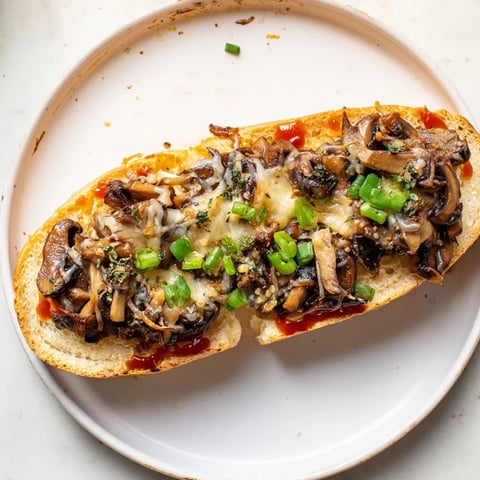 Air Fryer Zapiekanka features golden, bubbly cheese on crusty bread with savory mushroom topping.