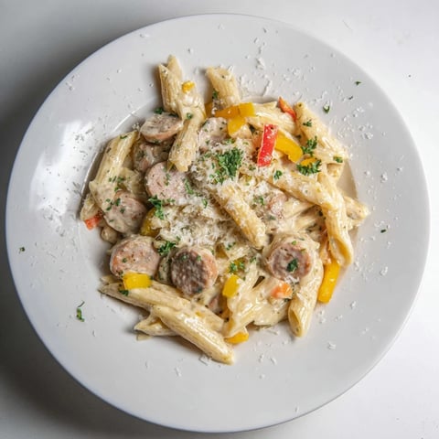 Creamy Smoked Sausage Cajun Alfredo with penne, tossed and ready to eat, garnished with parsley.
