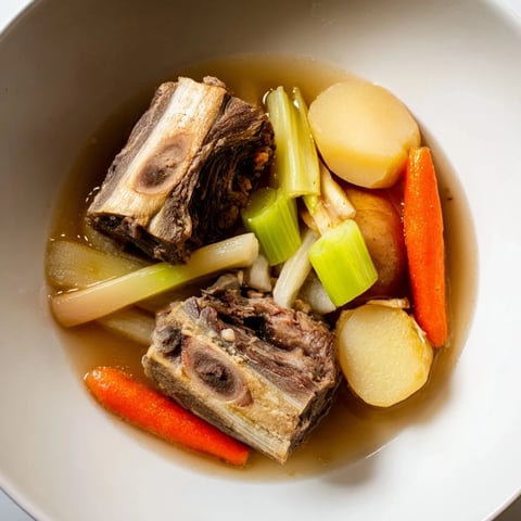 Tender, slow-simmered Pot-au-Feu beef stew with carrots, potatoes, and savory broth, ready to serve.