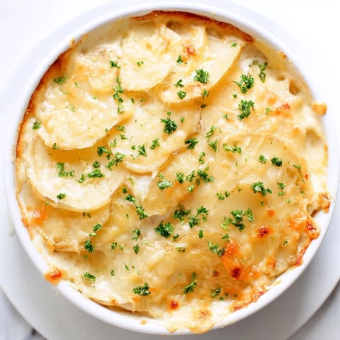 Golden bubbly Cheesy Scalloped Potatoes, a comforting side dish with melted cheese and tender potatoes.