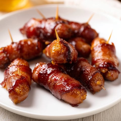 Crispy 3-Ingredient Bacon-Wrapped Smokies, glistening with caramelized brown sugar, perfect party appetizer.