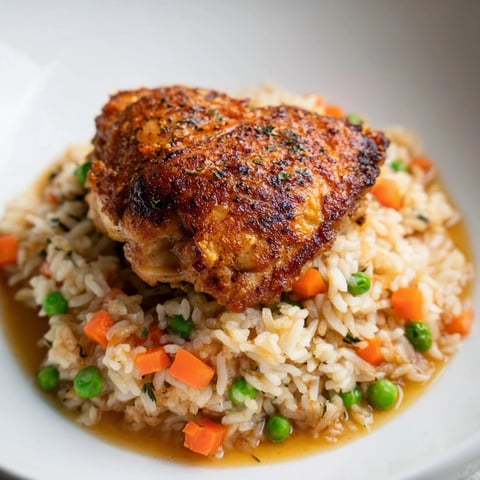 Golden, seared chicken thighs nestle in easy one-pot chicken and rice with colorful vegetables.