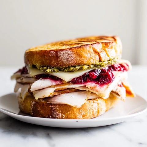Golden, gooey Pesto Cranberry Turkey Grilled Cheese Melt, perfectly toasted with melted cheese and juicy turkey.
