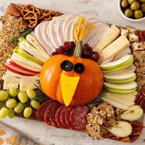 A visually appealing Wheat Field Thanksgiving Turkey Board loaded with cheese, meats, fruits, and nuts.