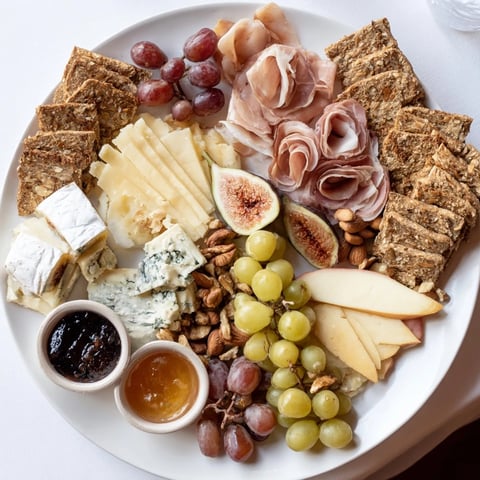 A beautifully arranged Wine & Food Pairing Platter, showcasing cheeses, charcuterie, fruits, and nuts.