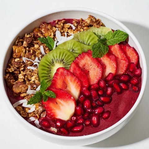 Festive Red and Green Smoothie Bowls, layered beautifully with fresh berries, coconut and granola toppings.