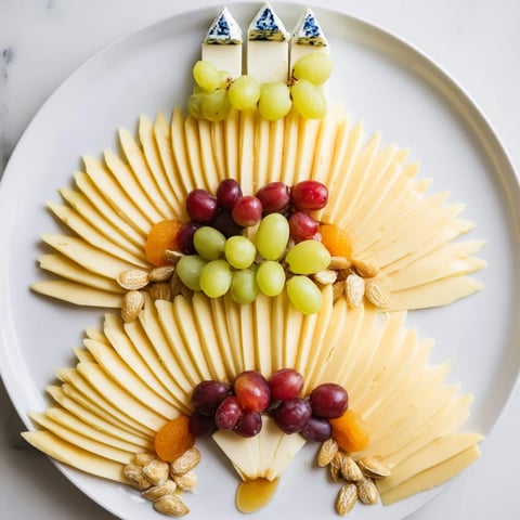 Art Deco Arch Cheese Platter: Stunning cheese and fruit arrangement with tiered cheese fans and crackers.