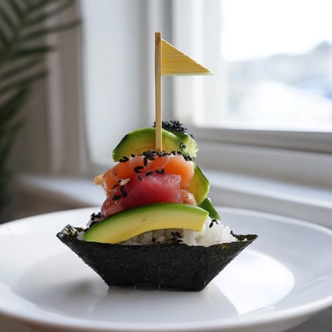 Beautiful Sushi Sailboats at Sea, featuring fresh salmon and tuna, ready for a delicious Japanese appetizer.