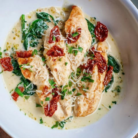 Tender Creamy Tuscan Chicken breasts swimming in a rich, creamy, sun-dried tomato sauce, ready to serve.