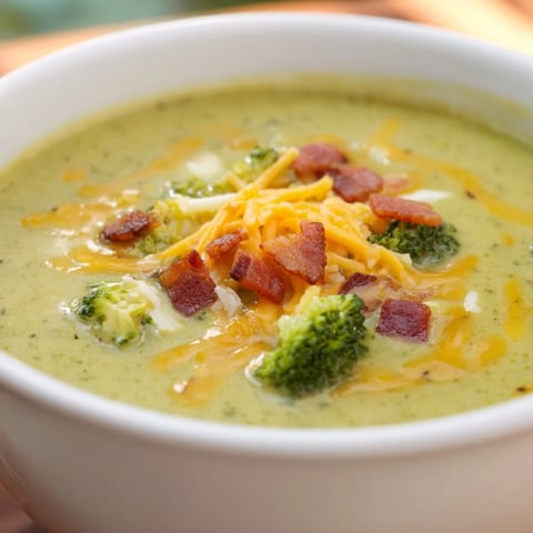 Creamy Broccoli Cheddar Soup, garnished with crispy bacon and extra cheese, ready to be enjoyed.