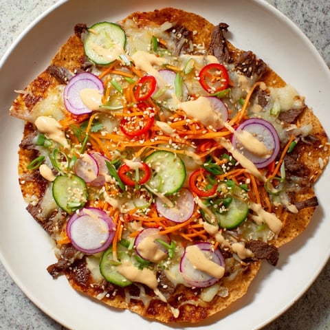 Korean BBQ Nachos: A vibrant platter of cheesy nachos loaded with savory Korean beef and fresh toppings.