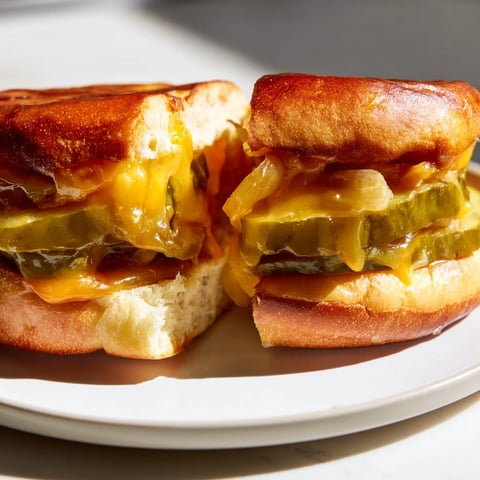 Golden, bubbly Pickle Bread Sandwich, with melted cheese holding tangy pickles, ready to eat.