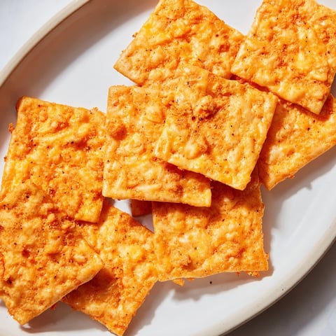 Golden-brown Crispy Cheeto Cheese Crackers arranged on a rustic platter, showcasing their crunchy, cheesy texture with a hint of paprika dusting.  