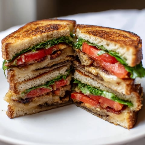 Golden-brown grilled sandwich filled with smoky tempeh bacon, melted vegan cheese, fresh lettuce, and juicy tomato slices.  