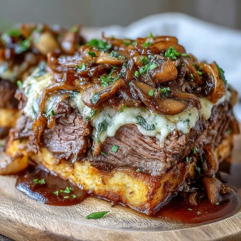 Slow-cooked Savory Crock Pot French Onion Pot Roast topped with melted Gruyere cheese and fresh parsley.