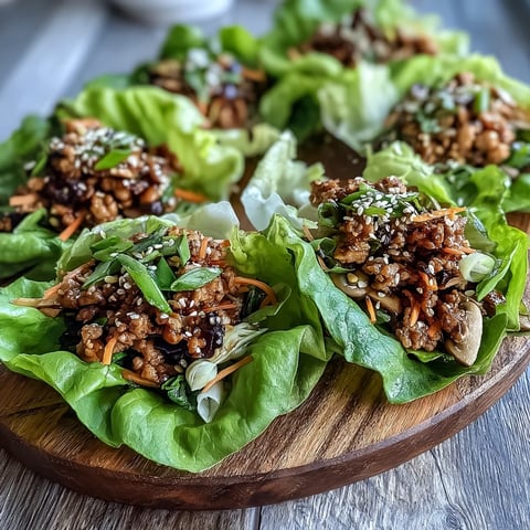 Freshly cooked turkey potsticker stir-fry with carrots and mushrooms in butter lettuce cups, topped with sesame seeds.