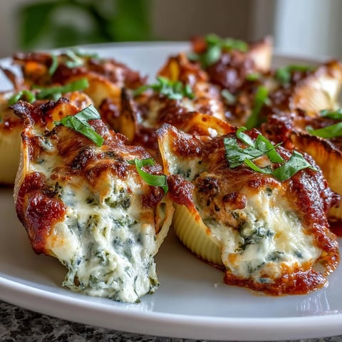 Golden-brown Pesto Lasagna Stuffed Shells fresh from the oven, topped with melted mozzarella and fresh basil.