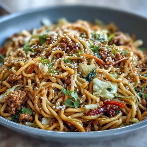 A close-up of Korean Turkey Fried Noodles with colorful bell peppers and carrots in a glossy sauce.