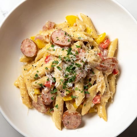 A skillet of Smoked Sausage Cajun Alfredo with penne, sausage visible amongst the creamy sauce.