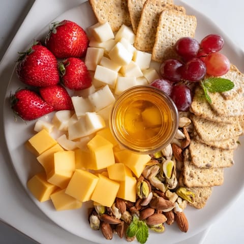 A beautifully arranged Bears Honey Pot Board with colorful fruits, cheeses, and inviting honey for dipping.