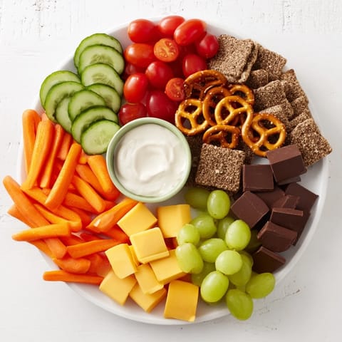 Fresh, colorful Fox & Friends Snack Tray loaded with veggie sticks, cheese cubes, and fruit ready to eat.