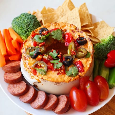 A close-up of a Lava Flow Volcano Dip, with spicy, melted cheese erupting onto a platter of dippers.
