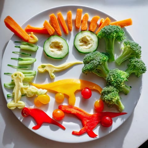 Vibrant Dino-Mite Dinosaur Fossil Crudités arranged with colorful veggies, ready for dipping and fun.