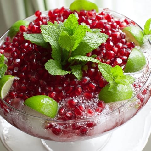 Festive pomegranate and mint wreath garnished dramatically with lime slices and pomegranate seeds, a delicious drink.