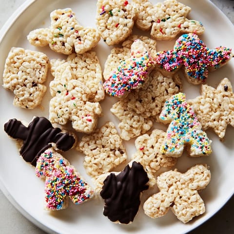 Cookie cutter shaped Rice Krispies treats, ready to eat, with colorful sprinkles and fun shapes displayed.