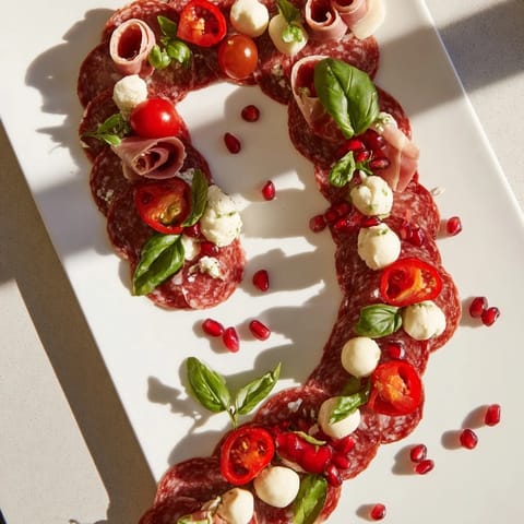 Beautifully arranged Candy Cane Zigzag appetizer board showcases salami, mozzarella, and juicy tomatoes for guests.