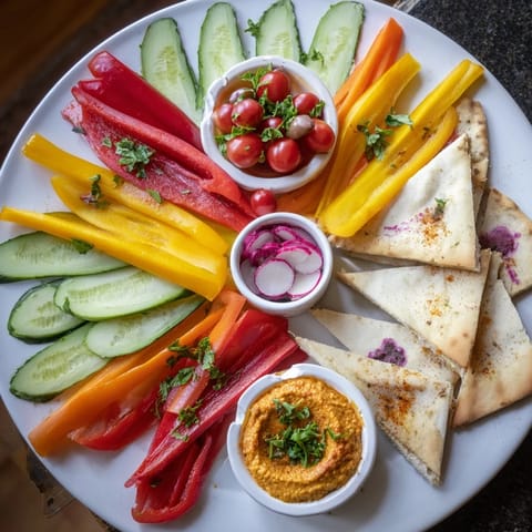 Festive Moroccan Tent appetizer, with a vibrant array of vegetables and spiced dips for dipping fresh pita.