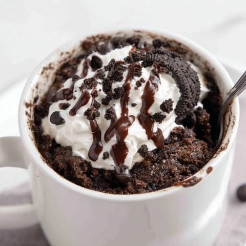 A warm, single-serving Oreo Mug Cake with gooey chocolate chips, ready in minutes.
