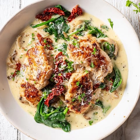 A close-up of delicious Creamy Tuscan Chicken: Juicy chicken with spinach and Parmesan, perfect for dinner.