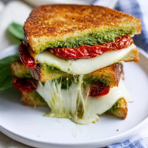 A close-up of a perfectly toasted pesto grilled cheese with warm melted cheese and pesto visible.