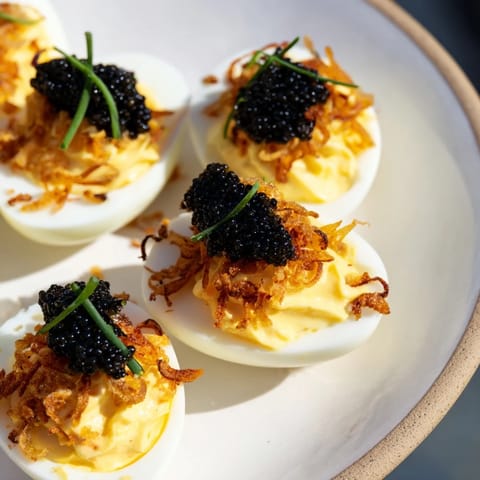 Creamy deviled eggs, brightened with caviar gems and fried shallots, appealing for parties.