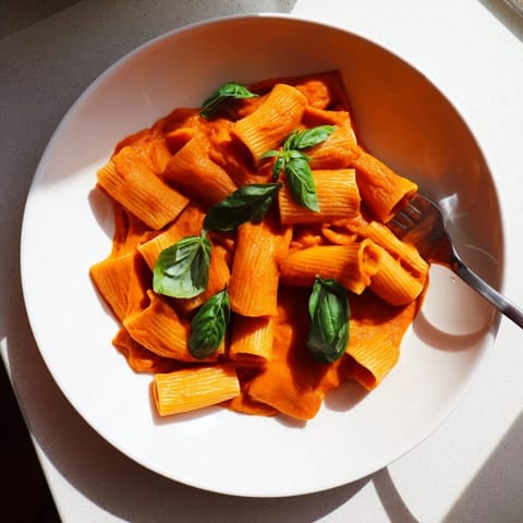 A bowl of smooth Hidden Veggie Tomato Pasta Sauce served over fettuccine with fresh basil and Parmesan cheese garnish.